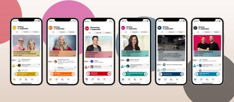 Sechs Smartphones mit App-Ansicht
