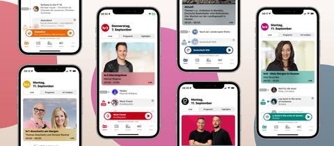 Sechs Smartphones mit App-Ansicht