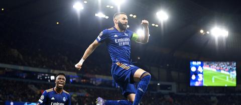 Reals Karim Benzema bejubelt seinen Treffer im Champions League-Spiel gegen Manchester City.