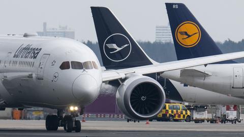 Passagiermaschinen der Lufthansa stehen am Flughafen Frankfurt/Main auf dem Rollfeld.