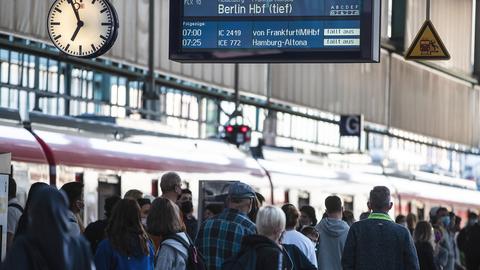 Fahrgäste mit Koffern stehen vor einer Anzeigetafel der Bahn. (dpa)