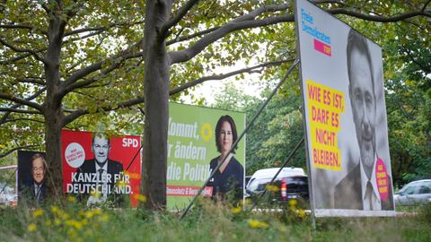Wahlplakate der Union mit Armin Laschet, der SPD mit Olaf Scholz, von Bündnis 90/Die Grünen mit Annalena Baerbock und der FDP mit Christian Lindner stehen einen Tag nach der Bundestagswahl in einer Reihe. (dpa)