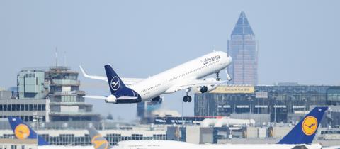 Ein Airbus der Lufthansa startet am Frankfurter Flughafen über anderen Passagiermaschinen der Airline.  (dpa)