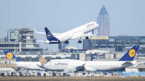 Ein Airbus der Lufthansa startet am Frankfurter Flughafen über anderen Passagiermaschinen der Airline.  (dpa)