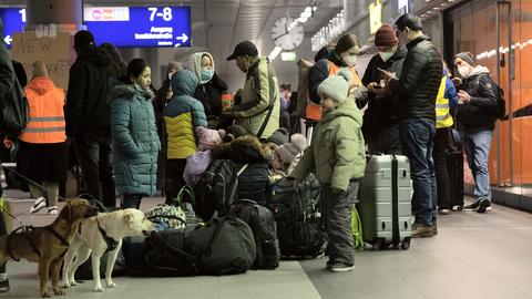 Flüchtlinge aus dem ukrainischen Kriegsgebiet warten am Hauptbahnhof in Berlin. (dpa)