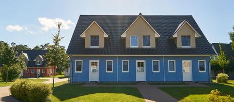 Blaues Eigenheim mit Garten im Sommer  ()