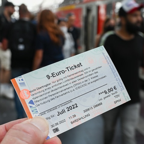 Eén persoon houdt een 9-Euro-Ticket in de hand.  ()