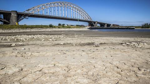 Ein Schiff fährt unter der Waalbrücke im niederländischen Nijmegen hindurch. Der Fluss führt wegen der Trockenheit nur noch wenig Wasser. (dpa)