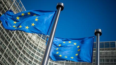Flaggen der Europäischen Union wehen im Wind vor dem Berlaymont-Gebäude, dem Sitz der Europäischen Kommission. (dpa)