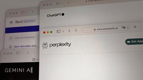 Bildschirm mit den KI-Apps ChatGPT, perplexity, GEMINI AI und Bard