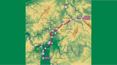 Verlauf des Lutherwegs von Worms zur Wartburg