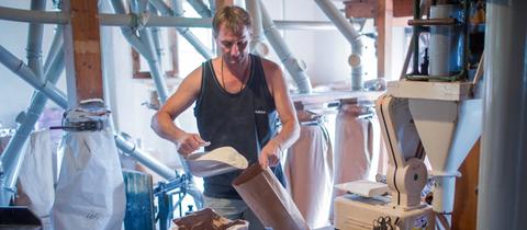 Müller Ralf Clauder füllt in der historischen Clauder Mühle frisch gemahlenes Mehl in Papiertüten ab.