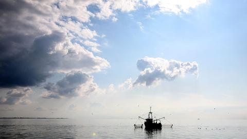 Ein Krabbenkutter fährt über die Nordsee.