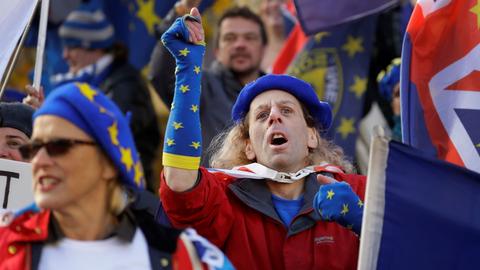 Brexitgegner tragen Handschuhe und Mützen mit dem Muster der EU Flagge während des Protests.