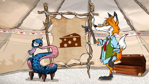 Fuchs Fox und Schlange Polly stehen im Zelt
