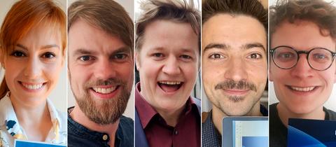 Verleihung des 58. Kurt-Magnus-Preises der ARD am 01.04.2020 durch den Hessischen Rundfunk (von links): Eva Schulz (NDR), Trägerin des 1. Preises; Marcel Heberlein (Radio Bremen), Träger des 2. Preises; Maximilian Ulrich (RBB), Träger des 3. Preises; Ramon Babazadeh (SWR), Träger des 3. Preises und Johannes Döbbelt (WDR), Träger des 4. Preises.