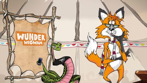 Cartoonabbildung Polly Plapperschlange und Fox Schlaufuchs im Wunderwigwam