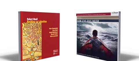 Die Cover der Hörbücher des Jahres 2022: "Nachlass zu Lebzeiten" und "Vor uns das Meer"