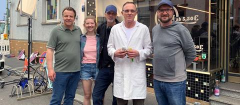 (v.l.n.r.) Roland Kukulies (Schauspieler Rolle Klaus), Lea Taake (Schauspielerin Rolle Jenny),  MX Oberg (Buch+Regie), Dirk Martens (Schauspieler Rolle Erik) und Ralf Mendle (Kamera)