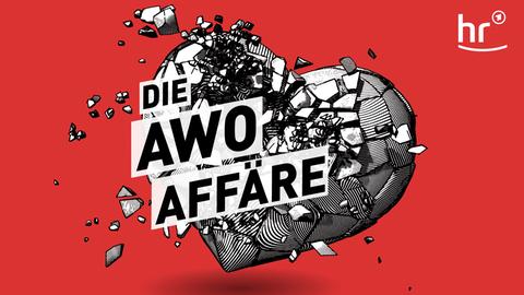 Bildmarke zum Podcast "Die AWO Affäre": Zu sehen ist ein zersplitterndes Herz mit dem darüber positionierten Podcast-Titel in schwarz weiß und das Ganze steht auf einem riten Hintergrund.