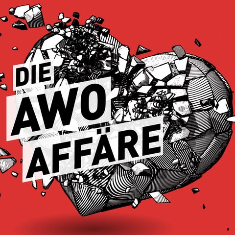 Bildmarke zum Podcast "Die AWO Affäre": Zu sehen ist ein zersplitterndes Herz mit dem darüber positionierten Podcast-Titel in schwarz weiß und das Ganze steht auf einem riten Hintergrund.