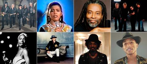 (obere Reihe, v.l.n.r.) Scorpions, Irene Cara, Bobby McFerrin, Bon Jovi; (untere Reihe, v.l.n.r.) Nina Simone, Udo Lindenberg, K'naan, Pharrell Williams.