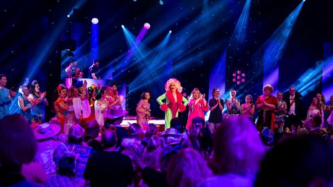 „Rosa Wölkchen“-Gastgeberin Elke Winter und Teilnehmer der Fastnachtsshow.
