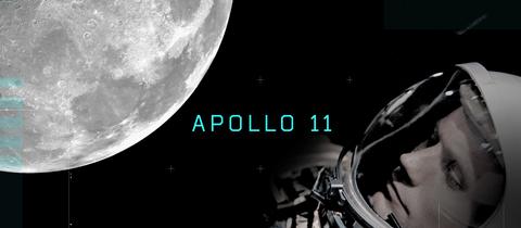 Mond, Schriftzug "Apollo 11" und das Gesicht eines Mannes in einem Weltraumanzug
