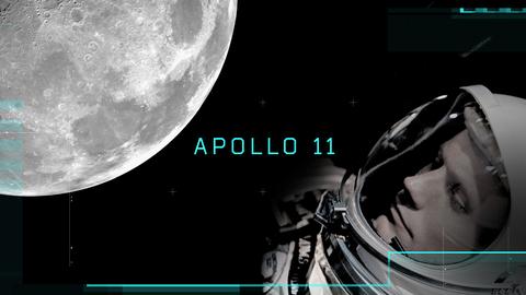 Mond, Schriftzug "Apollo 11" und das Gesicht eines Mannes in einem Weltraumanzug