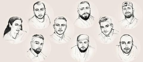 Die neun Opfer des Anschlags in Hanau: (von links nach rechts) Mercedes Kierpacz, Fatih Saraçoğlu, Gökhan Gültekin, Hamza Kurtović, Ferhat Unvar, Sedat Gürbüz, Vili Viorel Păun, Kaloyan Velkov, Said Nesar Hashemi.