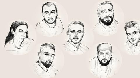 Die neun Opfer des Anschlags in Hanau: (von links nach rechts) Mercedes Kierpacz, Fatih Saraçoğlu, Gökhan Gültekin, Hamza Kurtović, Ferhat Unvar, Sedat Gürbüz, Vili Viorel Păun, Kaloyan Velkov, Said Nesar Hashemi.