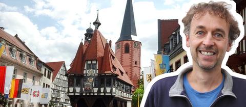 Ansicht Rathaus Michelstadt mit hr-Regionalreporter Ulrich Anton