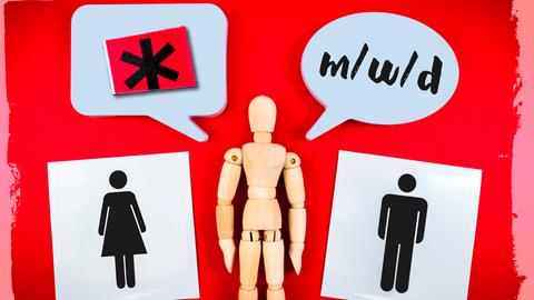 Symbolbild: Holzfigur vor rotem Hintergrund, Sprechblasen mit "m/w/d" sowie Pictogramm von Mann und Frau sowie der Genderstern.