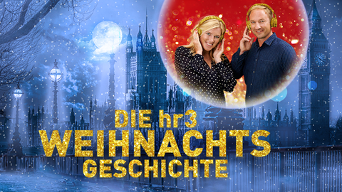 Tanja und Tobi vor einem verschneiten London, vor ihnen die Grafik: hr3- weihnachtsgeschichte