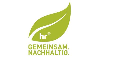 Logo: hellgrünes stilisiertes Blatt mit integriertem hr-Logo, darunter in Grossbuchstaben "gemeinsam nachhaltig"