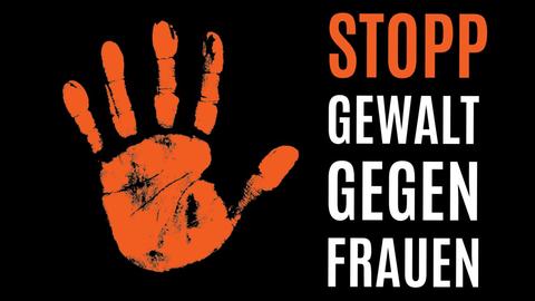 Logo der Aktion "Orange the world": ein orangefarbener Handabdruck mit Stopp-Geste, dazu die Schrift "Stoppt Gewalt gegen frauen"