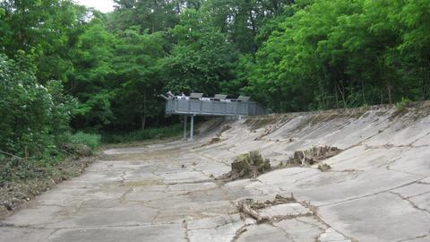 Alte Teststrecke heute: zugewuchert und brüchiger Asphalt