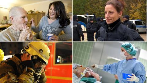 Collage aus vier Porträts systemrelevanter Berufe: Altenpflegerin, Polizistin, Feuerehrmann, OP-Schwester