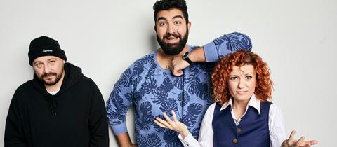 Comedian Costa Meronianakis (links), Comedian Faisal Kawusi, Sängerin Lucy Diakovska