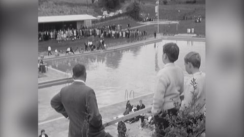 Drei Personen im Schwimmbad schauen auf das Schwimmbecken.