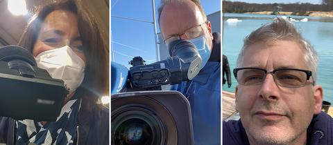 Die Kollage zeigt drei Fotos von hr-Mitarbeiter*innen: Christine Kaltenschnee (links) und Andreas Nitsch (Mitte) stehen mit Maske hinter der Kamera. Tonmann Clemes Förster (rechts) ist beim Außendreh an einem See. 