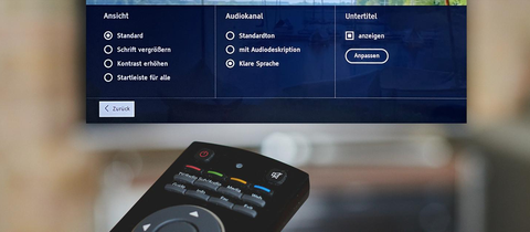 Ein Fernseh-Einstellungsmenü, davor eine Fernbedienung. Auf der Menüanzeige ist unter "Audiokanal" die Funktion "Klare Sprache" ausgewählt.