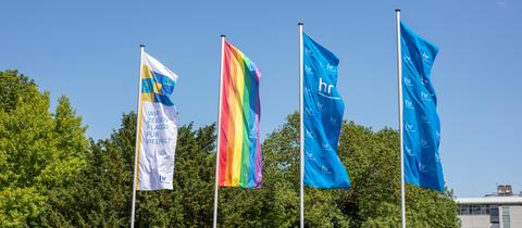 Vor blauem Himmel wehen Fahnen: weiß-blaue Flagge der "Charta der Vielalt", die Regenbogenfahne sowie rechts mehrere blaue Fahnen mit hr-Logo