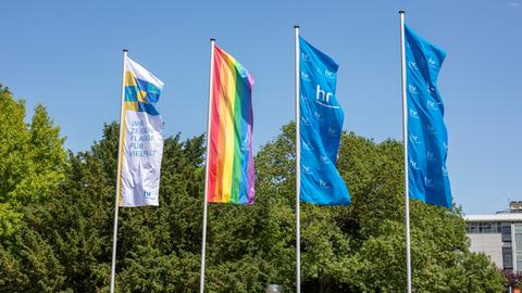 Vor blauem Himmel wehen Fahnen: weiß-blaue Flagge der "Charta der Vielalt", die Regenbogenfahne sowie rechts mehrere blaue Fahnen mit hr-Logo